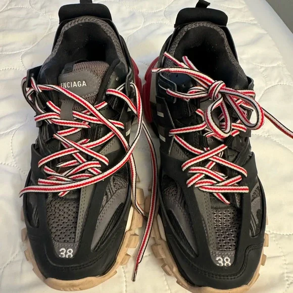 Balenciaga Black and Gray Sneakers with Red and White Laces - Picture 1 of 8